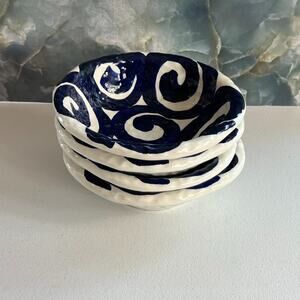 Mariposa Ceramic Bowl Set of 4 7" Blue Swirl Design Handmade In Italy